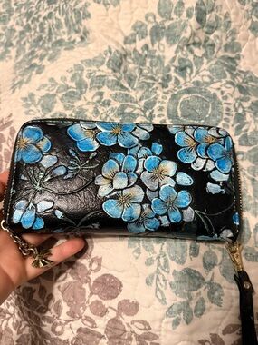 Hand-Painted Floral Zip Wallet - Blue on Black